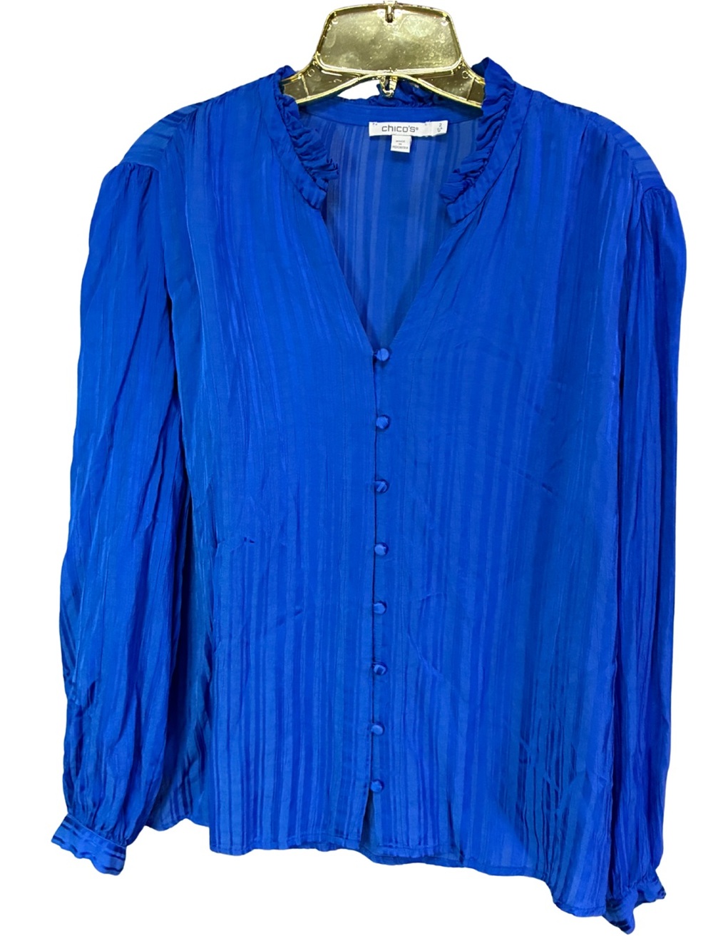Chico's Cobalt Blue Ruffled V-Neck Button Blouse
